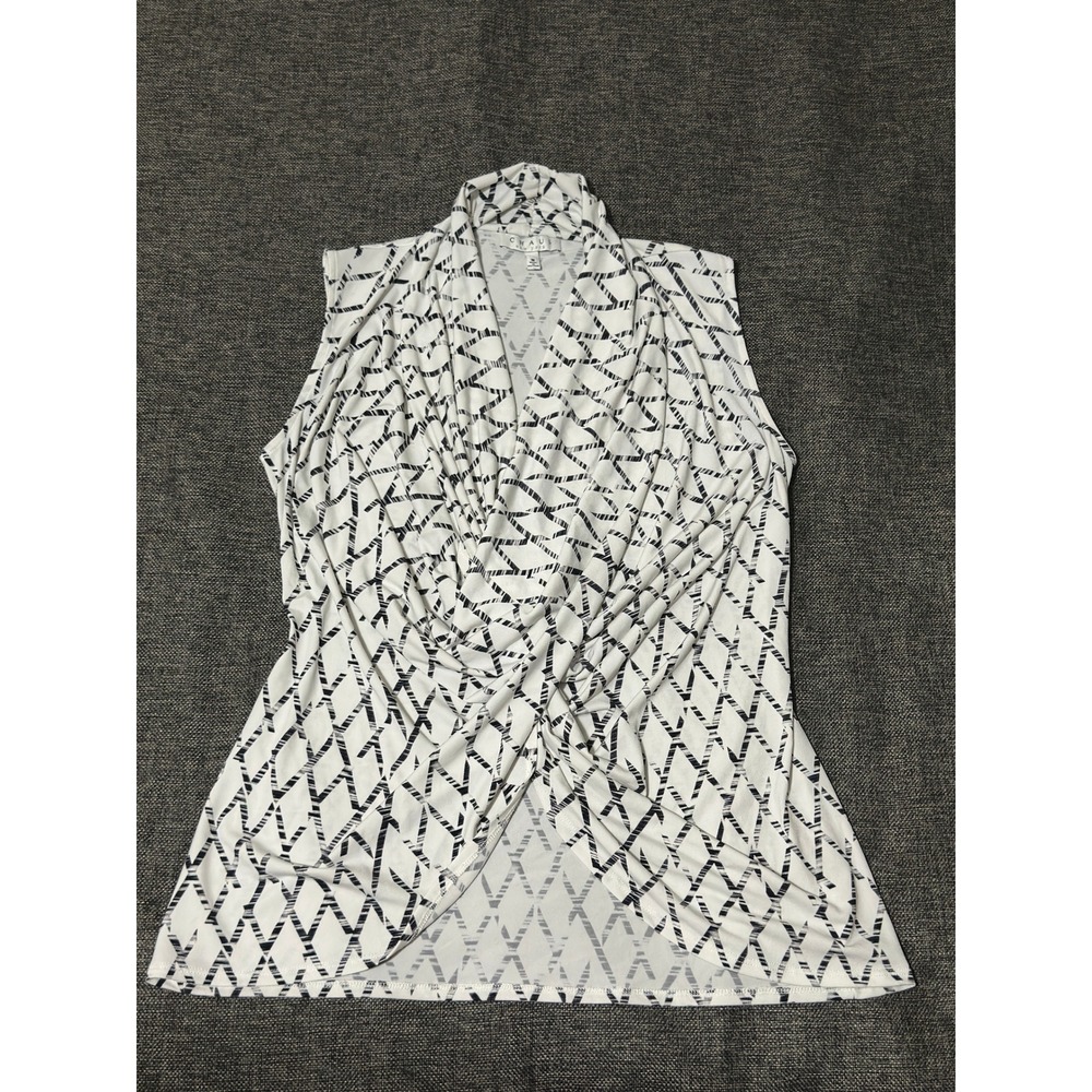 Chaus Women's Medium Sleeveless Top White Black Geometric Knot Front V-Neck